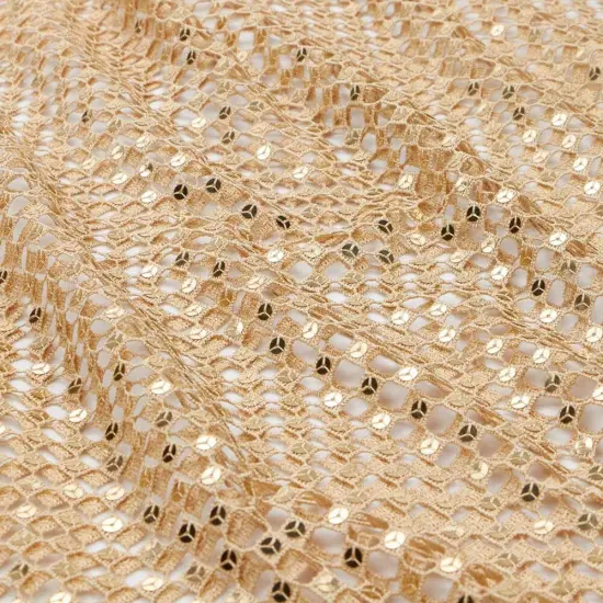 1 Yard Chequered Knitted Lace Sequin Fabric Embroidered Mesh Formal Dressmaking 52/54" Width Gold {1}