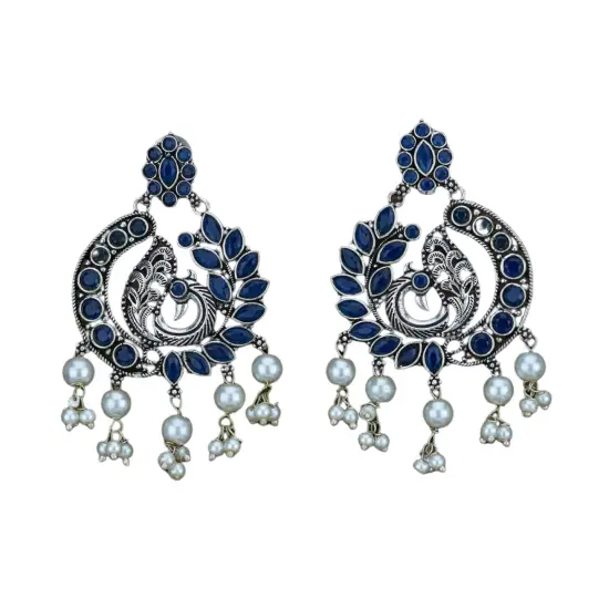 Indian Oxidized Jhumka Earrings for Women - Indian Peacock Earrings Ethnic Chandbali Jhumki Oxidized Beaded Bollywood Style Dangle Earring Jewelry for Bride | Birthday Gift for Her Blue {1}