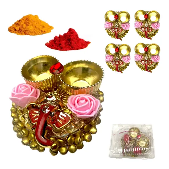 Pack of 4 Ganesha Bulk Haldi Kumkum Thali Holder Pooja Return Gift Indian Housewarming Gifts Haldi Kumkum Holders Roli Chawal Platter Indian Wedding Favor {1}