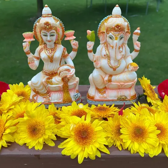 Laxmi and Ganesha Idol Pair Culture Marble Statue Laxmi Ganpati Figurine God of Luck and Success Idol Showpiece for Home Decoration and Car Dashboard Diwali Decoration {1}