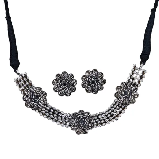 Indian Oxidized Jewelry Boho Tribal Jewelry Indian Long Necklace Bohemian Jewelry Afghani Tribal Tassel Long Ghungroo Necklace Earrings Set Choker Necklace Fashion Jewelry Black {1}