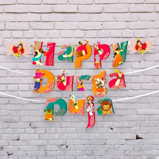 Happy Durga Puja Banner for Hindu Navratri Festival Celebration Bunting Diy Home Temple Indoor Outdoor Decoration Indian Party Supplies Durga Pooja Decor Ideas {1}