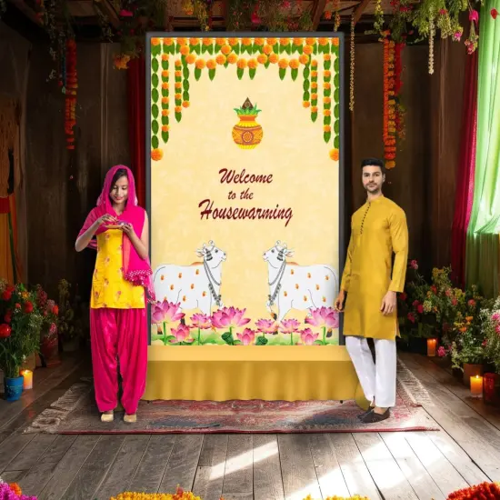 Housewarming Backdrop Indian Traditional Cloth 5x8 Feet Backdrop Pooja Wall Decor Indian Wall Art Photo Decor Banner Indian Indian Housewarming Favor Decorative Cloth {1}