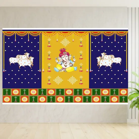 Ganesh with Cow Backdrop 5x8 Feet Indian Traditional Cloth Backdrop Ganesh Pooja Decor Indian Pooja Wall Decor Indian Wall Art Photo Decor Banner Decorative Pooja Cloth {5}