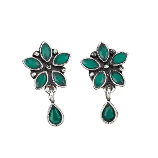 Indian Flower Stud Earrings For Women - Faux Pearl Tassel Round Earrings Small Tops Earring Bollywood Style Dangle Drop Earring Chandelier Jhumki Jewelry for Bride - Birthday Gift for Her RubyGreen {4}