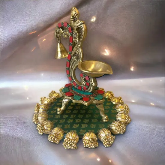 Reversible Patola Platter Brocade Fabric Handmade Centerpiece Mat-Floor Rangoli Diwali Housewarming Gift Home Temple Table Decor Mehendi Thaal Decor Puja Thali - Asan for God Goddess Green {3}