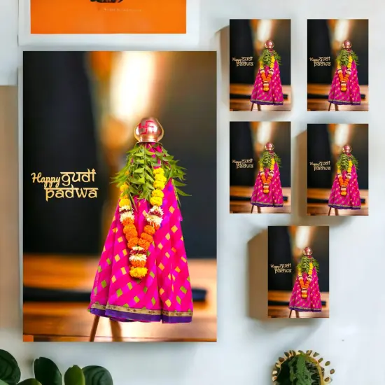 Pack of 5 Happy Gudi Padwa Greeting Card Marathi New Year Greeting Card Printed Customizable Card Simple Design Sweet Wishing Card Gift for Mother, Father, Sister {4}