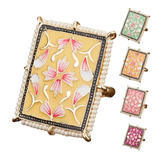 Classic Ring Meenakari Work Designer Adjustable Pearl Finger Ring for Women Minakari Ring with Gold Plating Statement Ring Boho Open Wrap Indian Bollywood Jewelry for Wedding Party Yellow {1}