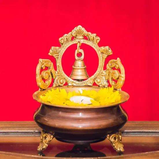 Brass Urli Bowl with Bell 7 Inch Indian Ethnic Urli Bowls for Floating Flowers Tea Light Candles Home Office Table Pooja Room Decor Diwali Decoration Showpiece Housewarming Gift {1}