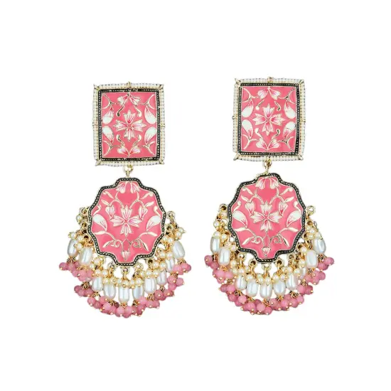 Oversized Indian Jhumka Earrings &ndash; Square Stud Jhumki, Ethnic Chandbali with Floral Print & Faux Pearls &ndash; Bollywood Dangle Jewelry for Women, Bride & Birthday Gift PINK {1}