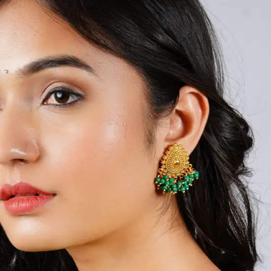 Indian Jhumka Earrings for Women - Indian Jhumki Chandelier Small Tops Earring in Golden Tone Beaded Bollywood Style Dangle Earring Jewelry for Bride | Birthday Gift for Her Black Pearl {3}