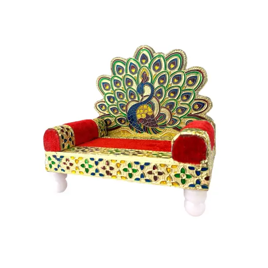 Wooden Laddu Gopal Sinhasan for Pooja Mandir Kanha Ji Singhasan Krishna Aasan for All God Janamashtami Favor Meenakari Peacock Design Singhasan Housewarming Gift {7}