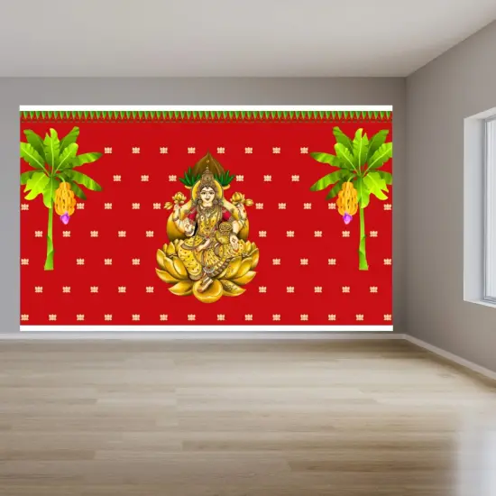 Goddess Laxmi Backdrop 5x8 Feet Indian Traditional Cloth Varalaxmi Vratam Decor Indian Diwali Decor Pooja Wall Decor Indian Wall Art Photo Decor Banner Decorative Cloth Navratri Decor {6}