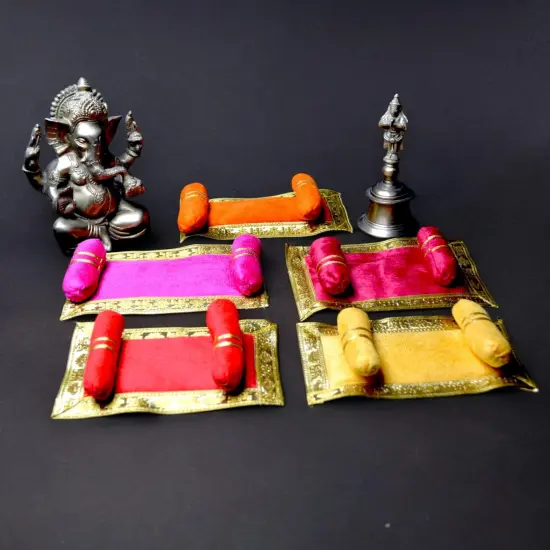 Laddu Gopal Velvet Asan Takiya Pillow Set for Lord Ganesha, Krishna, Kanha Ji, Bal Gopal God Goddess Idol Soft Mattress Cushion/gadda Bed Cum Aasan Set (7x4.5 Inch) Orange {2}