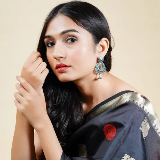 Indian Oxidized Jhumka Earrings for Women - Indian Oxidized Bell Jhumki Ethnic Floral Chandbali Earrings Faux Pearls Bollywood Style Floral Dangle Earring Jewelry for Bride Gift for Her RUBYGREEN {2}