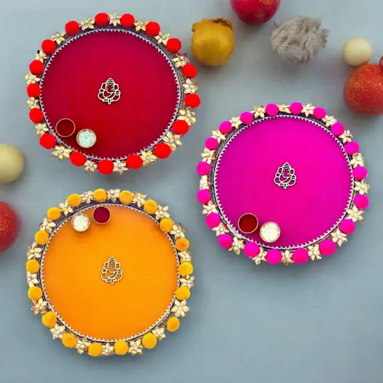 Steel Pompom Ganesha Decorated Pooja Thali Handmade Aarti Rituals Platter Festival Haldi Kumkum Thali Puja Teej Diwali Wedding Engagement Plate Decorations - Housewarming Gift Yellow {3}