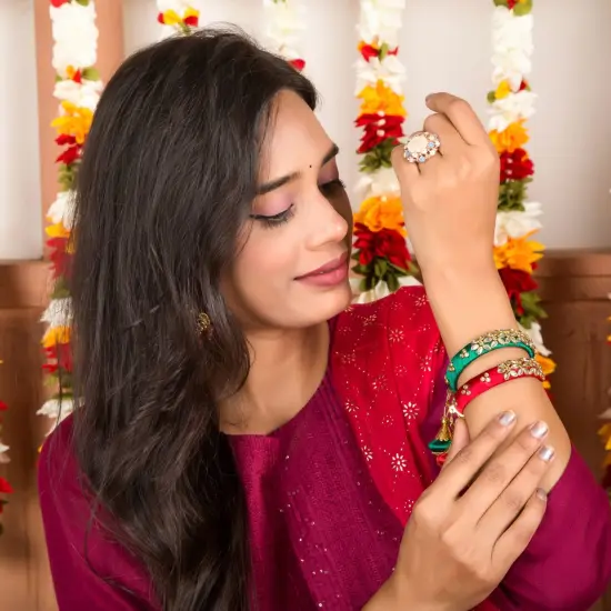 Silk Thread Bangles Designer Kundan Bangle Bracelet Set for Women Ethnic Handmade Beautiful and Stylish Assorted Kangan with Latkan Free Size Fashion Jewelry for Indian Wedding {6}