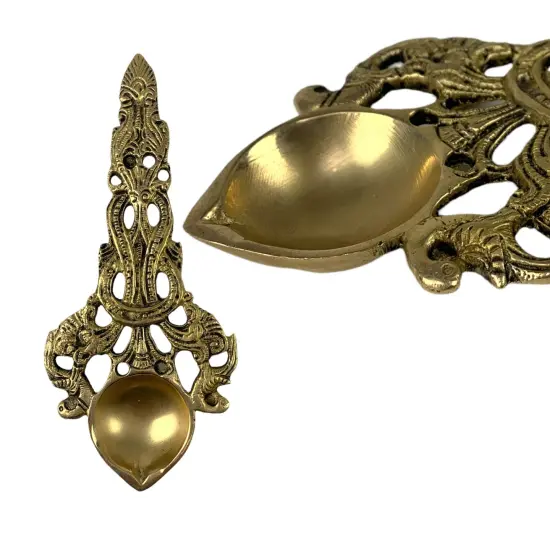 Brass Pooja Aarti Spoon 1 Pc Diya Twin Peacock Design Round Hawan Spoon for Pouring Ghee in Hawan Kund Diwali Gift Ethnic Indian Aarti Spoon Wedding Return Gifts Home Temple Decor {5}