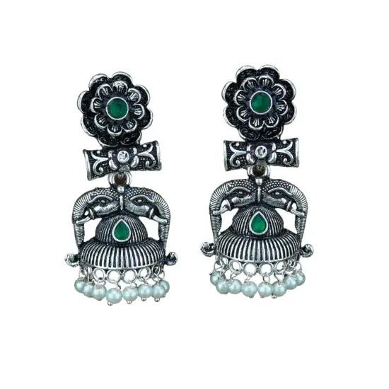Indian Oxidized Jhumka Earrings for Women - Indian Oxidized Trishul Jhumki Ethnic Shiva Trident Chandbali Earrings Faux Pearls Bollywood Style Floral Dangle Earring Jewelry for Bride BLUE {6}