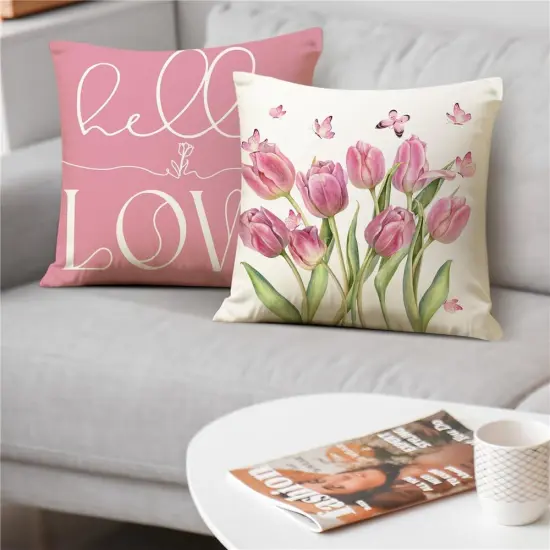 Spring Decorations Pink Tulip Spring Pillow Covers 18x18 Set of 4 Butterfly Flowers Bicycle Throw Pillow Case Hello Love Flowers Market Farmhouse Cushion Cover for Home Sofa Couch {3}