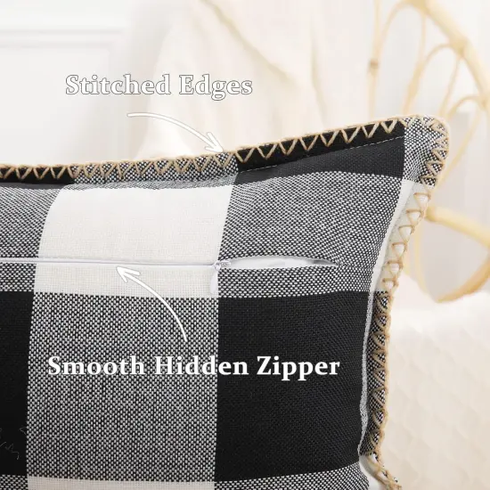 Buffalo Plaid Check Spring Throw Pillow Covers 18x18 Set of 2, Outdoor Decorative Farmhouse Pillow Covers with Stitched Edge for Bed Couch Sofa, Black and White {2}
