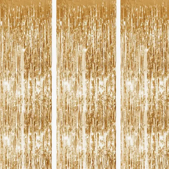 Gold Metallic Tinsel Foil Fringe Curtain, 3 Pcs 3.3ft x6.6ft Photo Booth Backdrop Streamer Curtains&Photo Booth Props, Party Decorations for Bachelorette Graduation Wedding Birthday (Gold) {1}