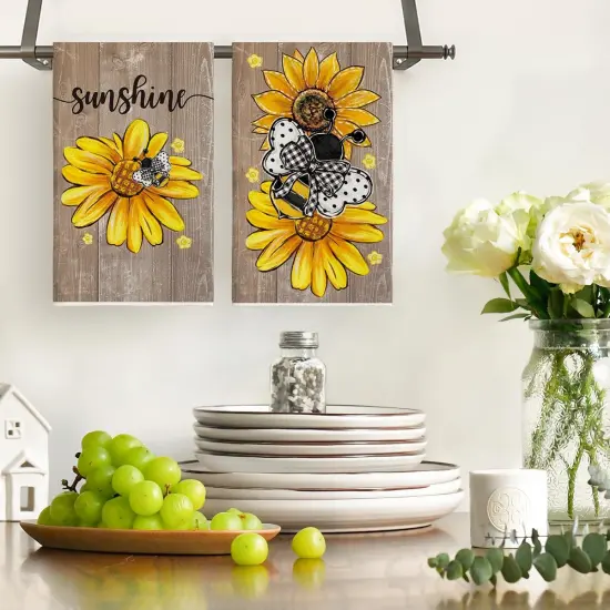 Artoid Mode Wood Sunflowers Bee Sunshine Spring Kitchen Towels Dish Towels, 18x26 Inch Farmhouse Summer Floral Decoration Hand Towels Set of 2 {2}