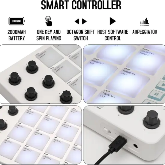 M-Wave Midi Controller &ndash; Bluetooth USB Pad &ndash; 16 Drum Pads, 8 Knobs, Rechargeable, DAW Compatible {6}