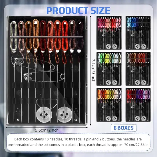6 Boxes (60 Pcs) Pre Threaded Needle Kit Assorted Color (Mixed Color) {3}