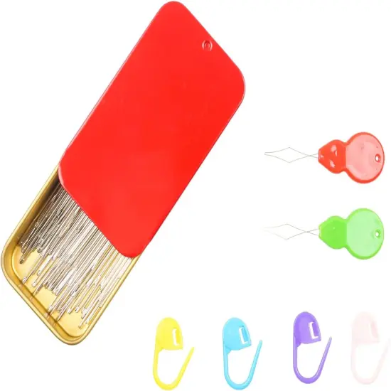 40PCS Large Eye Sewing Needles, 8 Sizes Hand Sewing Sharp Needles, Embroidery Needle, Leather Needle,Stainless Steel Yarn Needles with Threaders & Stitch Markers (Red) {4}