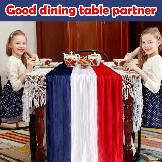 2 PCS 4th of July Cheese Cloth Table Runner- 120 x 38 Inch Rustic Red White and Blue Gauze Table Cloth- Patriotic Memorial Day Cheesecloth Table Runners for Independence Day Dining Table Decor {3}