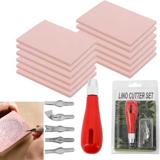 12PCS Rubber Carving Blocks Linoleum Block 4"x6" Rubber Stamp Carving Blocks Stamp Making Kit Linoleum Cutter with Blades and Carving Rubber Stamps for Stamp Carving, Printmaking {1}