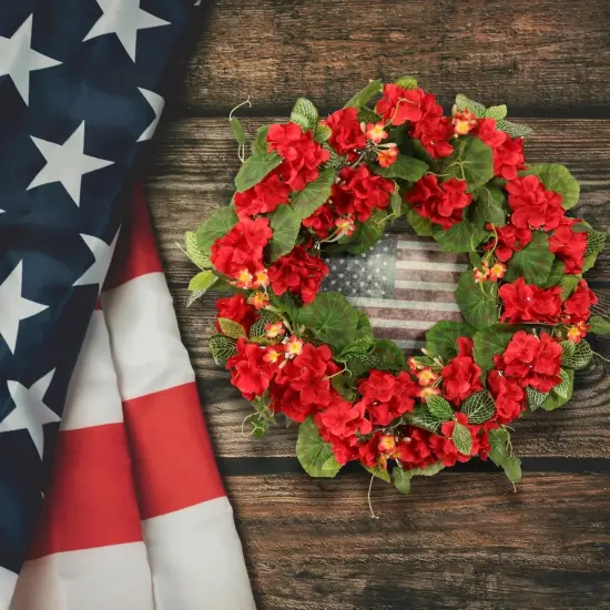 Patriotic Wreath for Front Door, 20-Inch 4th of July Wreath with Red Geraniums & American Flag, Memorial Day Independence Day USA Door Decoration, Outdoor Farmhouse Rustic Home D&eacute;cor {2}