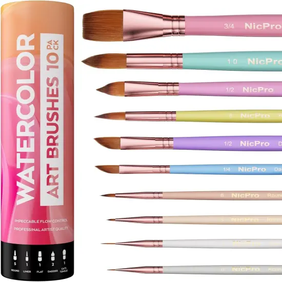 10PCS Aesthetic Pastel Watercolor Brushes Set, Professional Water Color Paint Brush, Round, Cat Tongue, Liner, Dagger, Wash for Artists, Adult, Beginners, Watercolor, Inks, Gouache with Holder {1}
