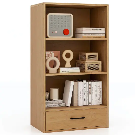 Costway 4-Tier Bookcase 48'' Display Bookshelf Storage Organizer with Shelves & Drawer Grey/White/Natural {9}