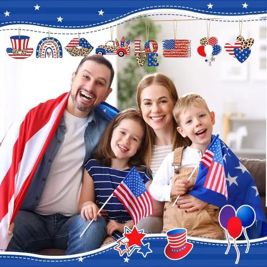 36 Pcs Patriotic Hanging Ornaments for Tree 4th of July Wood Decor Labor Day Independence Wooden Ornaments with Ropes Star USA Flag Gnome Red White and Blue Decorations Memorial Day(Leopard) {2}