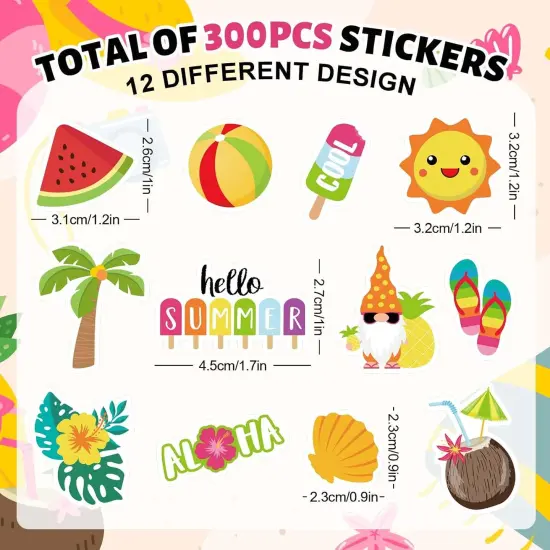300Pcs Summer Foam Stickers Hello Summer Gnome Tropical Beach Watermelon Hawaii Decals Mixed Bulk Cartoon Self-Adhesive Decorative for DIY Art Craft Scrapbook Journal Party Supplies {2}