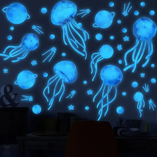 4 Sheets Starry Sky Jellyfish Wall Sticker Glow in The Dark Wall Stickers Planet Blue Luminous Wall Decals DIY Peel Stick Art Decor for Walls Ceiling Kids Bedroom Living Room Nursery Girls and Boys (Blue) {5}