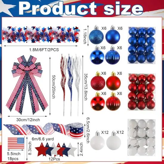 118 Pcs Memorial Day Decorations for Tree 4th of July Patriotic Wreath Bows Red White and Blue Tree Decorations Independence Day Ornaments American Flag Patriotic Garland for Memorial Decor {5}