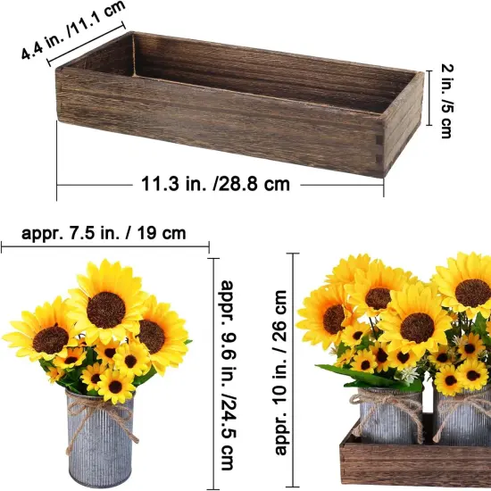 Set of 3 Artificial Sunflowers Metal Pot Centerpiece Farmhouse Sunflowers Floral Arrangements with Rectangle Wooden Planter 11" for Rustic Wedding Spring Summer Home Kitchen Table Shelf D&eacute;cor {3}