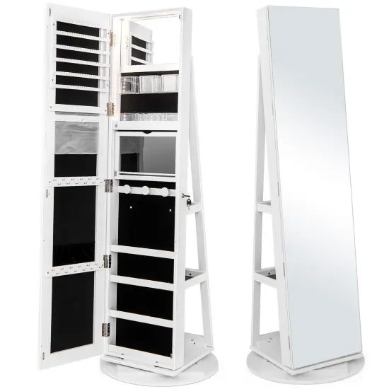 360 Degree Full Length Mirror Jewelry Armoire Cabinet with 3-Color LED Lights and Lockable Door Brown {9}