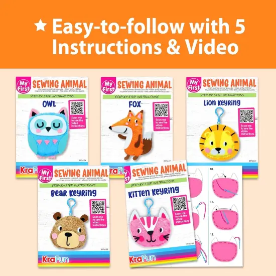 My First Sewing Animal Summer for Kids, Beginner Art & Craft, 5 Easy Activities Stuffed Animal Dolls, Keyring Charms, Instructions & Felt Materials for Learn to Sew, Embroidery {5}