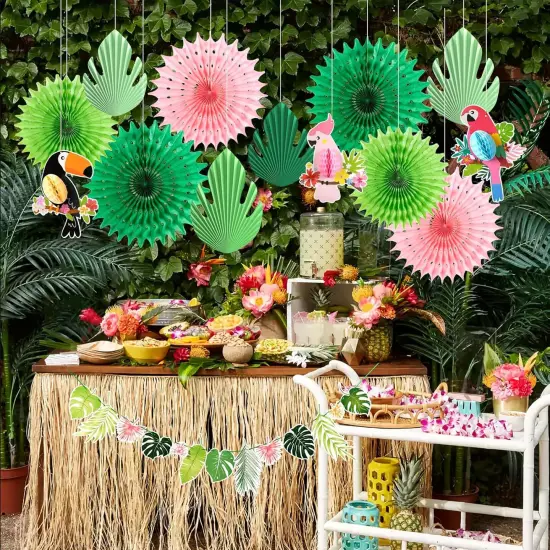 Green Pink Hanging Paper Fans for Tropical Party Decorations Tropical Bird Toucan Leaf Garland Party Kit for Summer Hawaiian Luau Tiki Tropical Jungle Themed Party Decorations {4}