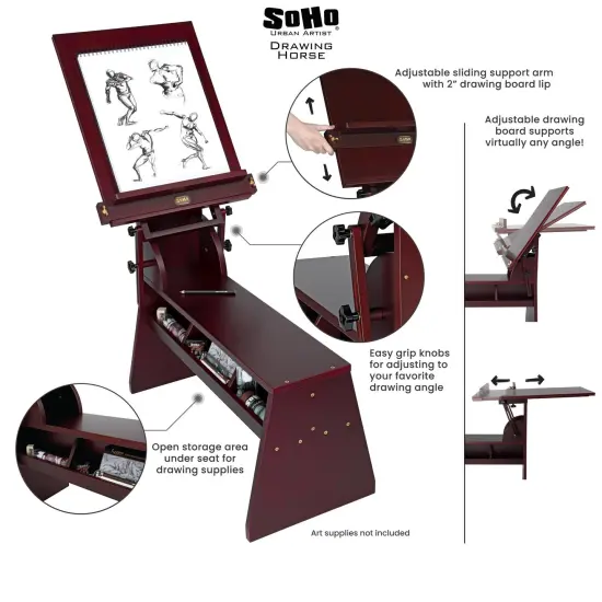 SoHo Urban Artist Adjustable Drawing Horse Easel - Sturdy Beechwood with Mahogany Finish, 18" x 23-3/8" Drawing Board, Full Size Artist Easel with Storage Bench Improves Posture, Compact Footprint {3}