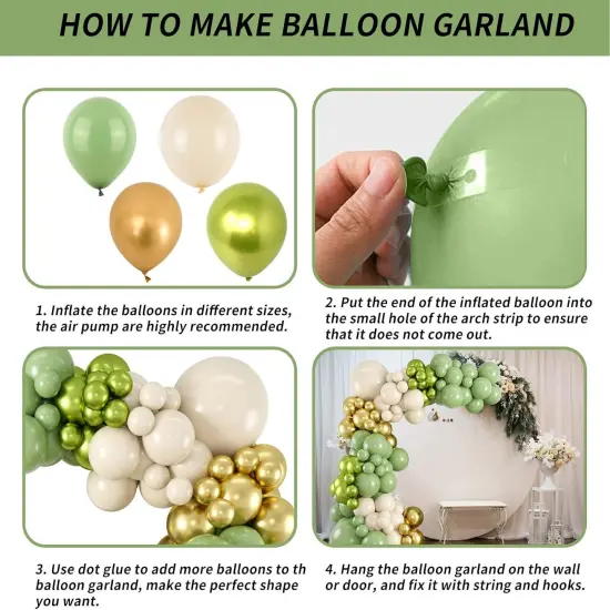 Sage Green Gold White Balloon Arch Garland Kit Metallic Lime Green Balloons Garland Olive Green Cream Ivory White Chrome Gold Latex Balloon Jungle Animal Birthday Tropical Dinosaur Party Decorations {4}