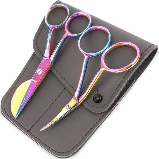 Small Embroidery 4.5 Inch Scissors Set of 2 Kit - Mini Double Bend Offset Duckbill and Double Bend Long Applique Needlepoint Blade with Pouch Sleeve (Rainbow) {1}