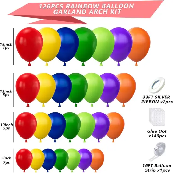 Rainbow Balloons Garland Arch Kit,126 pcs 18 12 10 5 In Orange Purple Green Blue Yellow and Red Latex Balloons Arch Kit for Graduation Birthday Decoration with Strip and Ribbon Glue Dot {4}