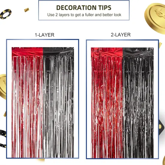 Casino Theme Party Decorations, 3 Pack Red and Black Birthday Party Supplies 3.3 x 6.6ft Tinsel Foil Fringe Curtains Photo Booth Props Backdrop Streamers, House Room Decor for Las Vegas Party {2}