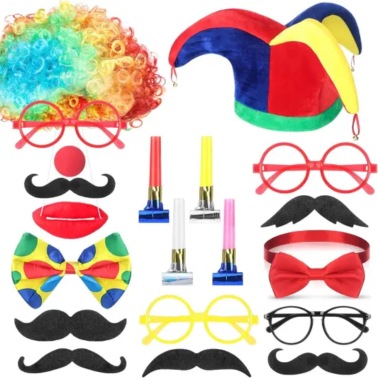 26 Pcs Circus Party Photo Booth Props Decoration Clown Hat Cosplay Costume Set Circus Theme Party Funny Wig Photobooth Accessory for Pretend Play Men Women Cosplay Dress up Decoration {1}