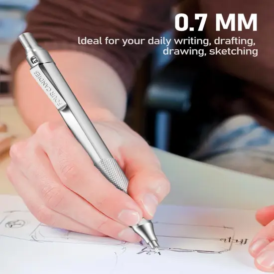 0.7mm Mechanical Pencil Set with Case, 3PCS Metal Artist Lead Pencil with 8 Tubes (480PCS) HB Lead Refills, 3 Erasers, 9 Eraser Refills For Engineer Art Writing Drawing Drafting, Silver {5}